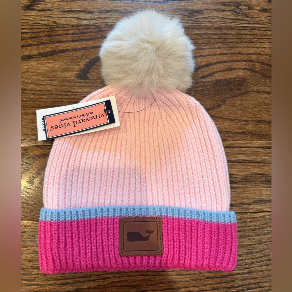 Vineyard Vines Girls Colorblock Rib Knit Pom Pom Beanie—NWT